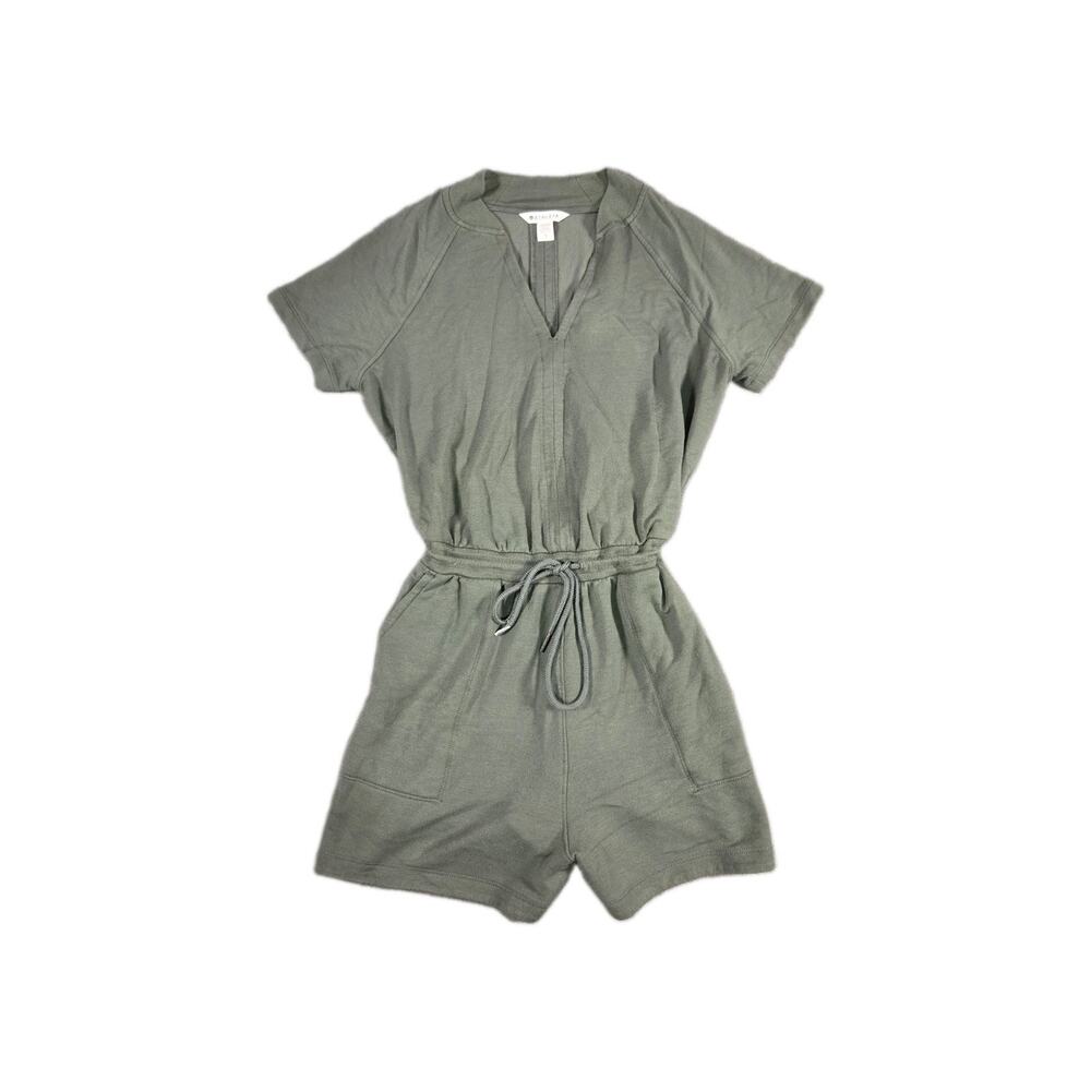 Athleta Romper Womens Sz S Green Short Sleeve V Neck Drawstring Pockets Lounge